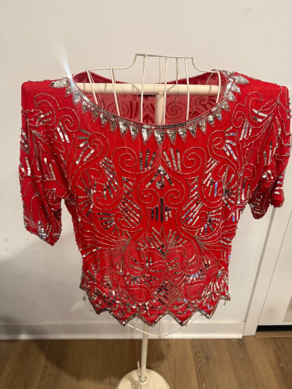 Vintage 80s Tan-Chho Silk Beaded Sequin Top Red Statement Blouse